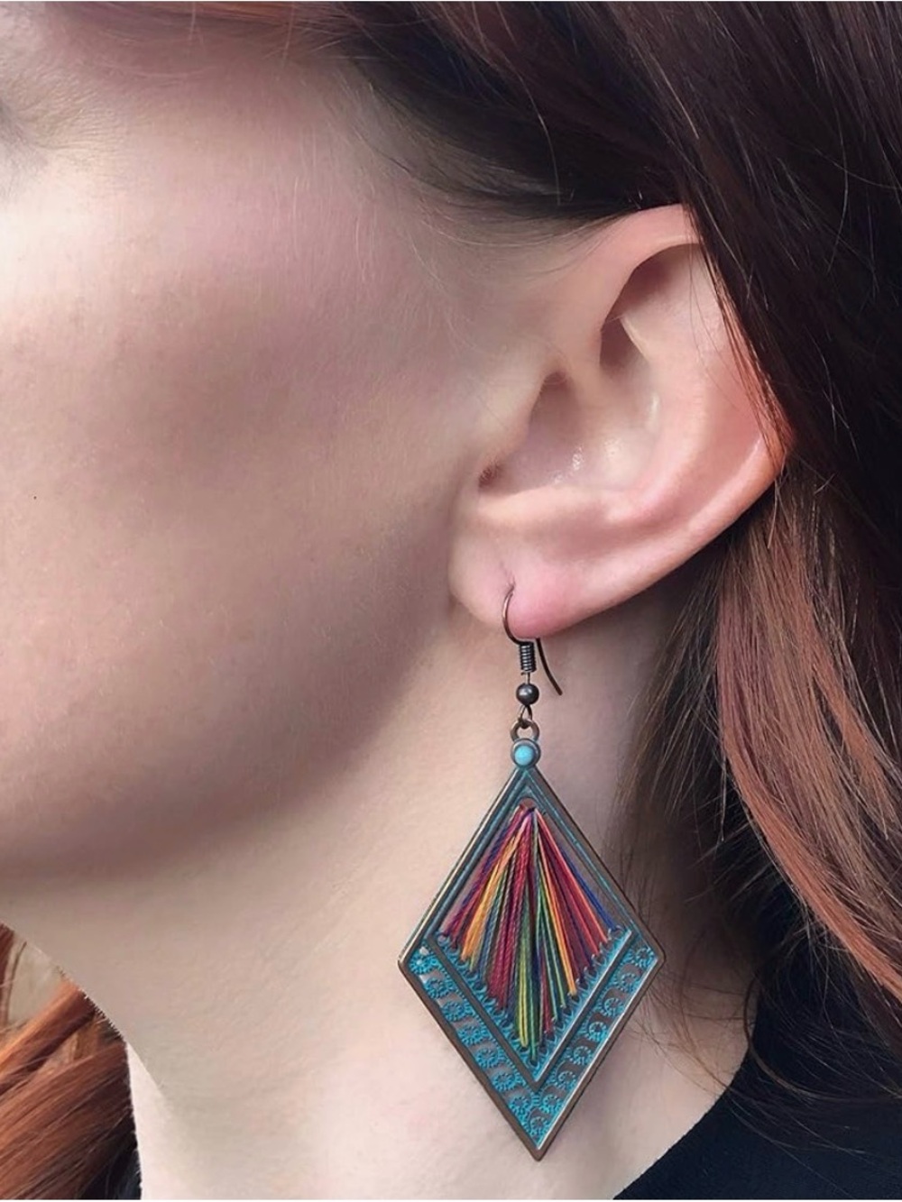Turquoise Diamond Tassel Thread Earrings - Multicolor - Picture 2 of 6